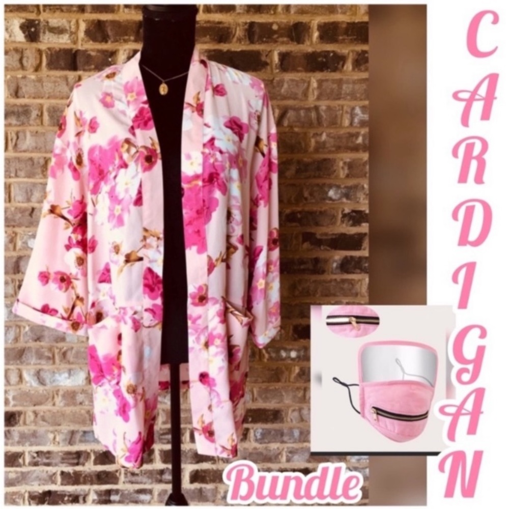 PINK FLORAL PRINT CARDIGAN & FACE MASK